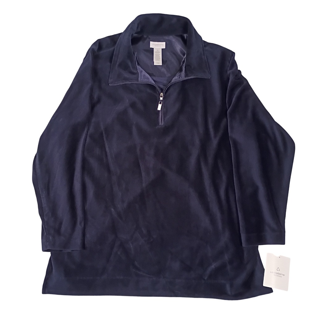 Liz Claiborne Woman Navy Corduroy Style Quarter Zip Pullover Top Plus Size 1X - Picture 2 of 14
